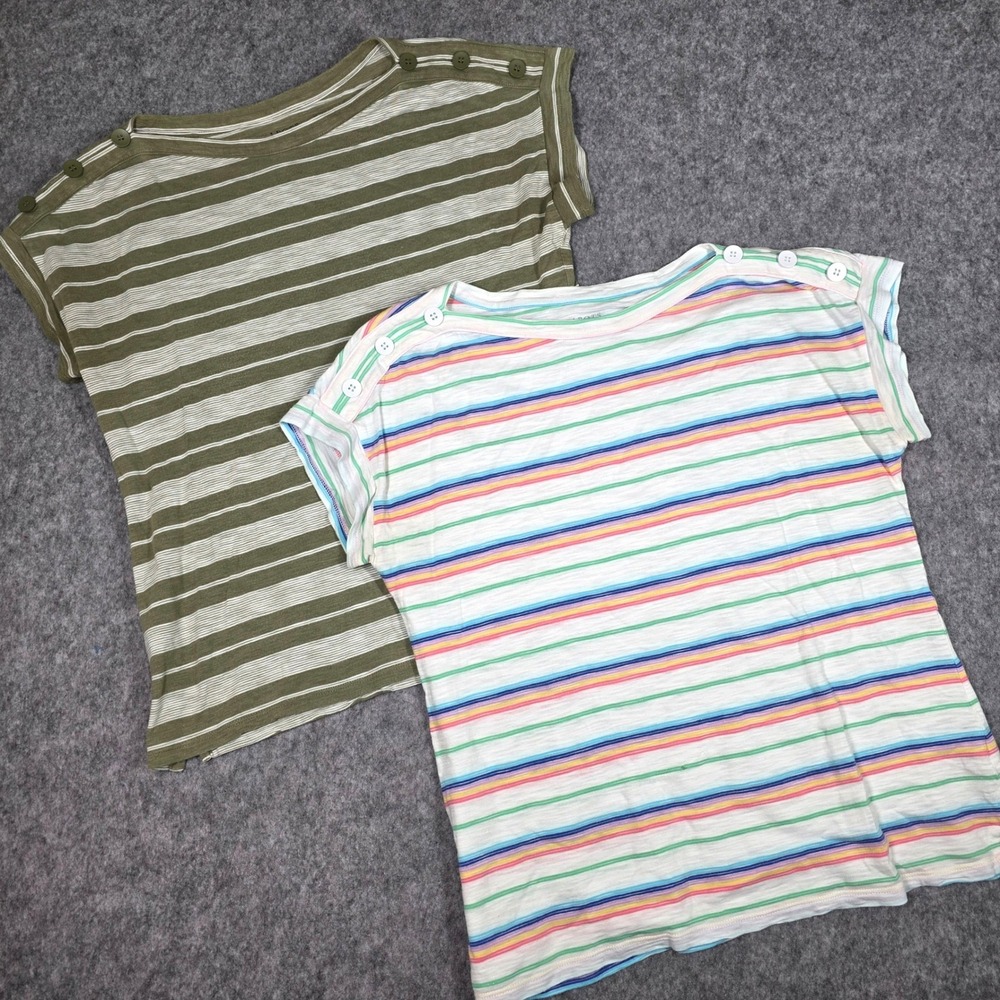 Lot 2 Talbots Button Shoulder Tee Colorful Striped Top Green Large Petite Preppy